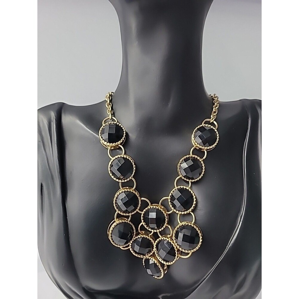 Vintage Gold Tone Black Faceted Glass Statement Bib Necklace Cable Chain Jewelry
